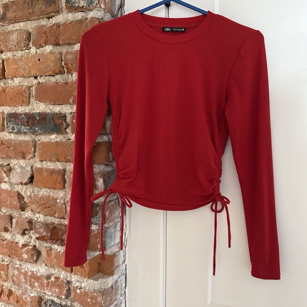 ZARA Red Ribbed Cropped Drawstring Long Sleeve Top Women’s Size M Regular